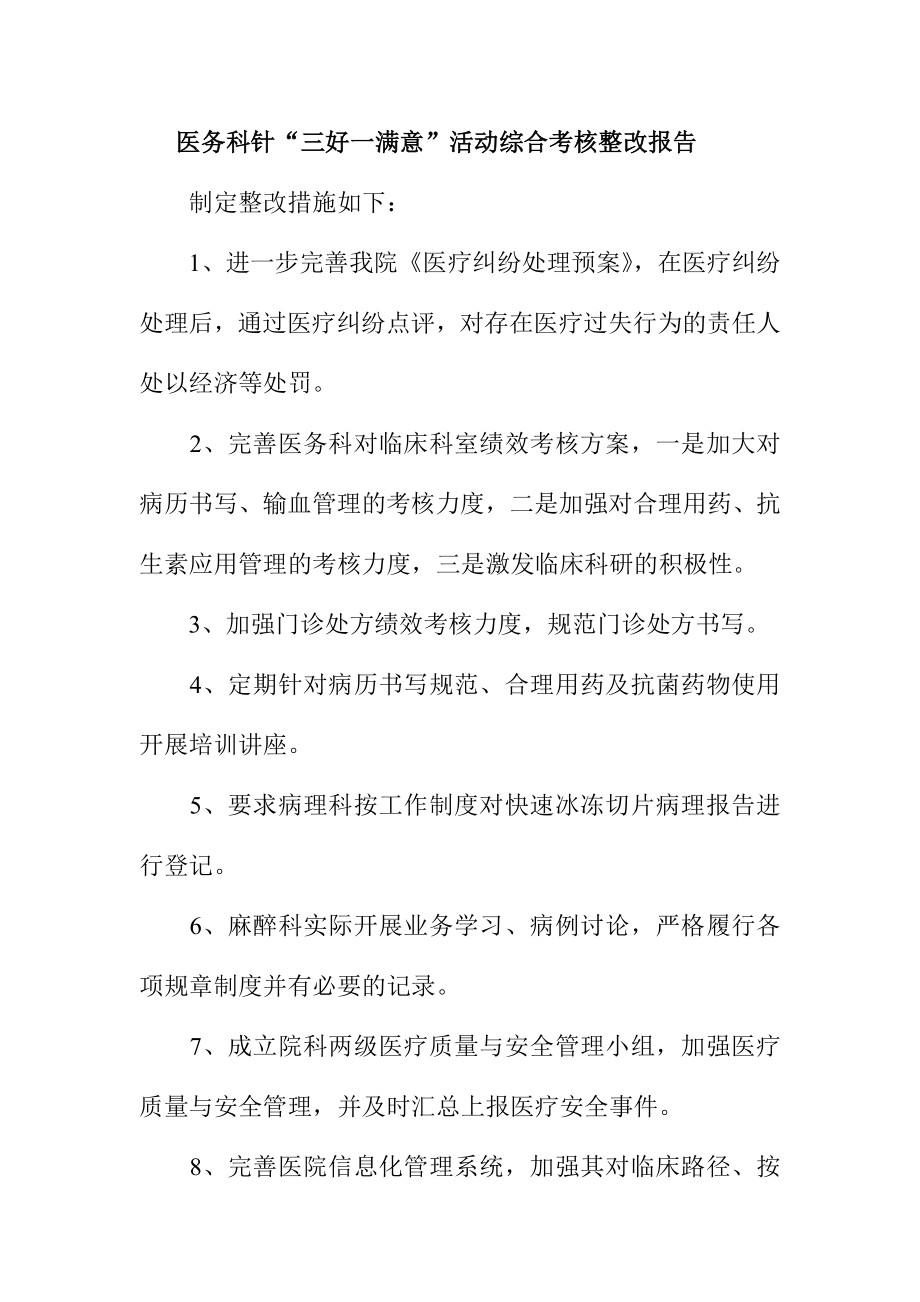 医务科针“三好一满意”活动综合考核整改报告.doc_第1页