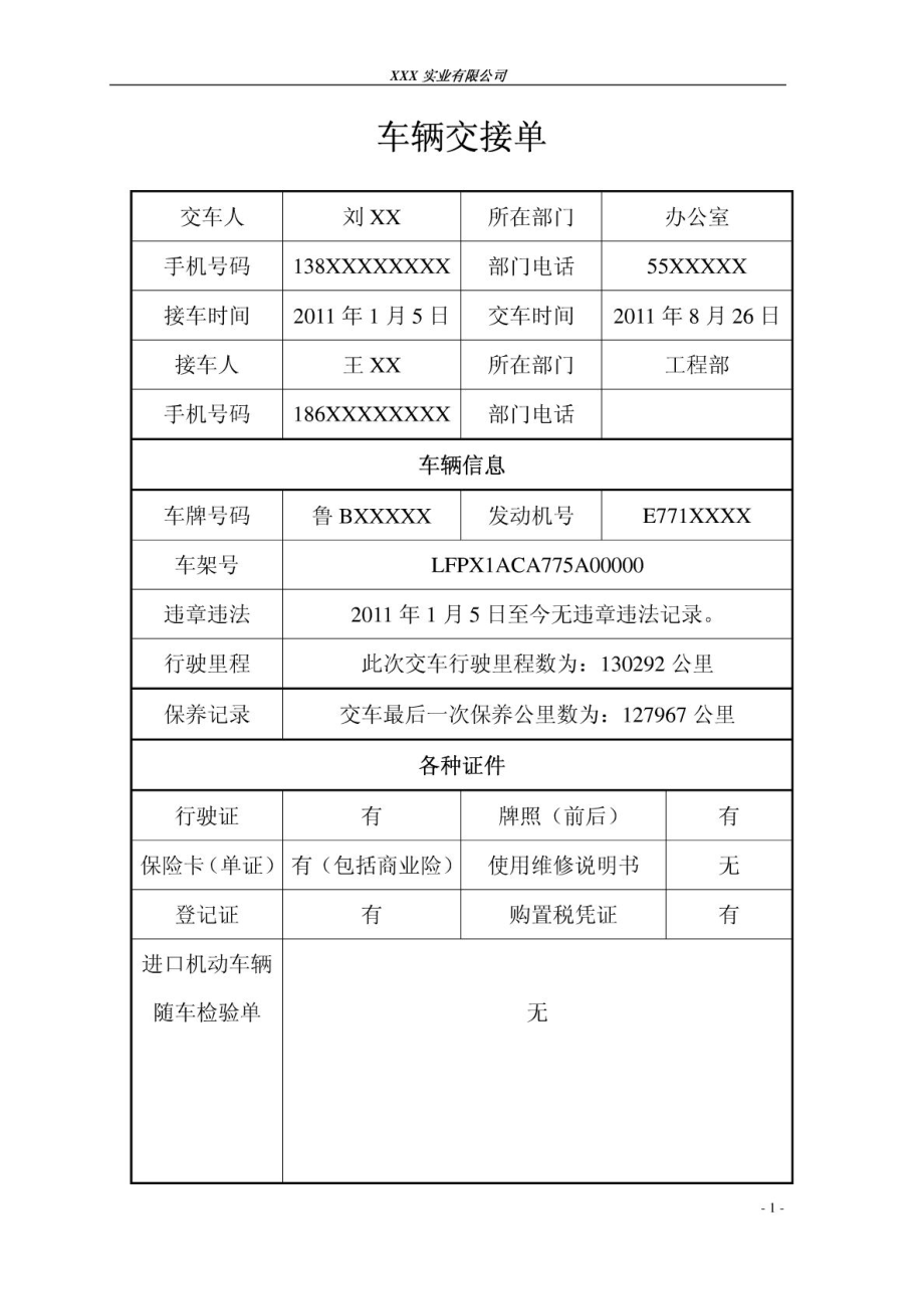 最全面最实用的公司公务车辆交接单范文.doc_第1页