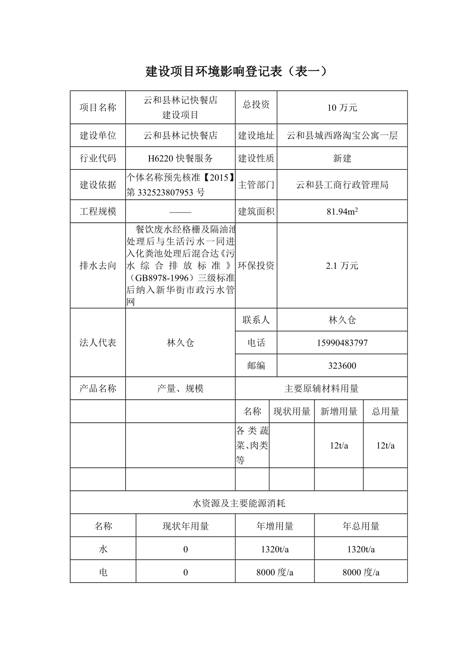 环境影响评价报告公示：林记快餐店建设环评文件的公示环评报告.doc_第2页