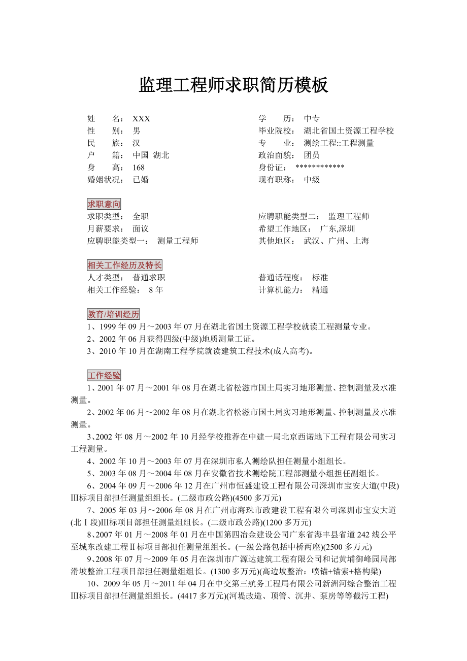 监理工程师求职简历模板.doc_第1页