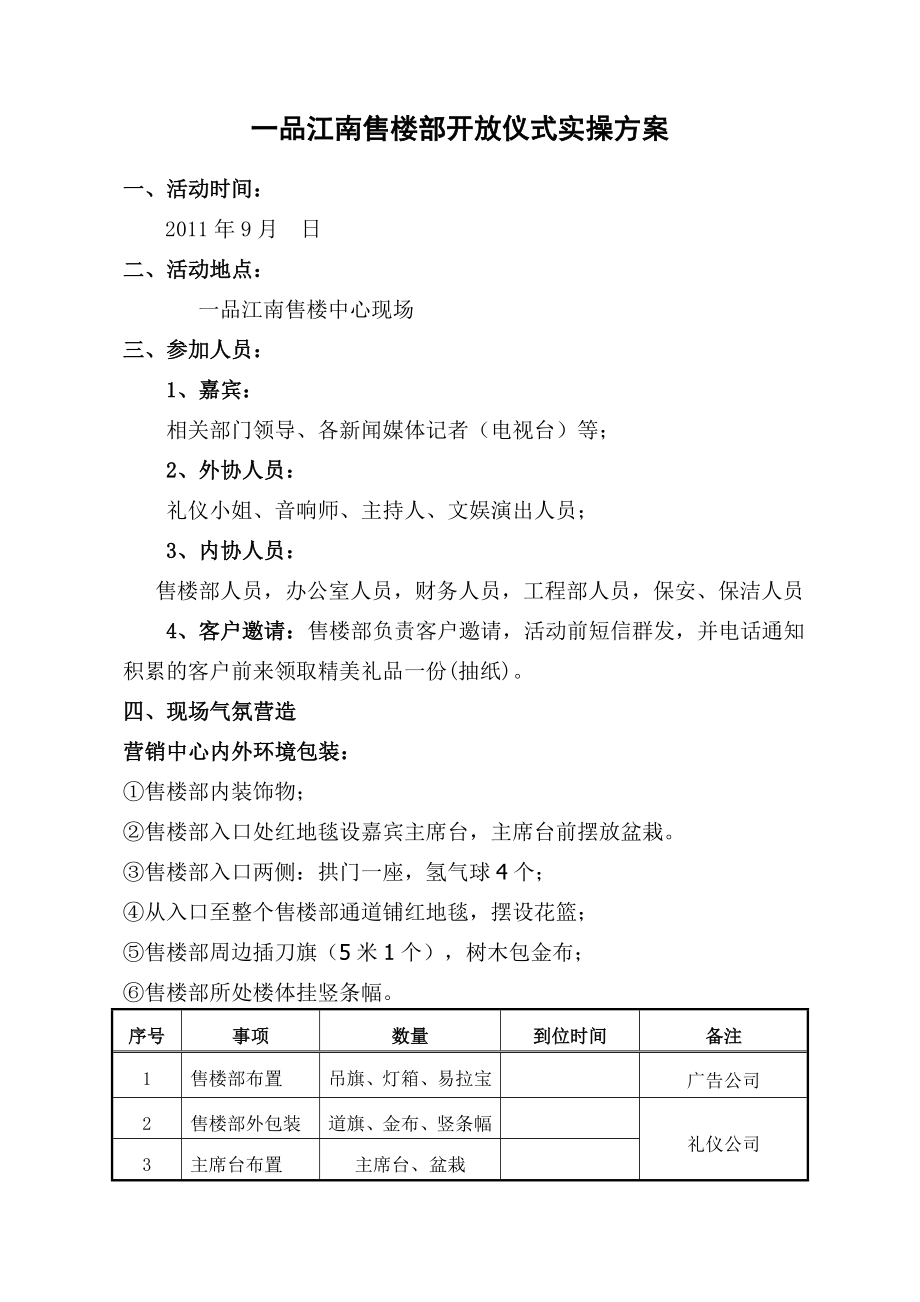 一品江南售楼部开放仪式实操方案.doc_第1页