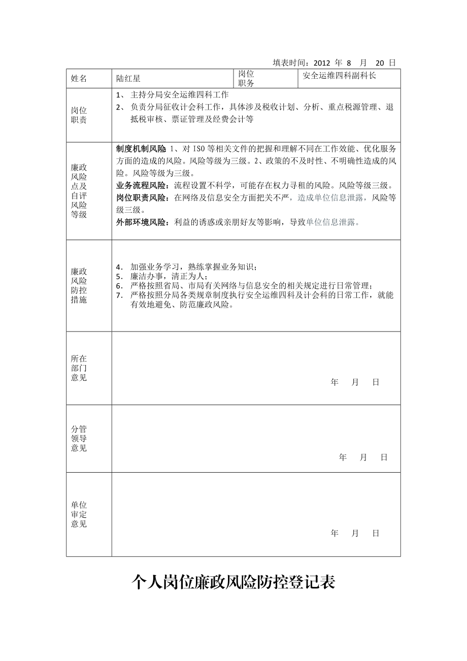 个人岗位廉政风险防控登记表.doc_第2页