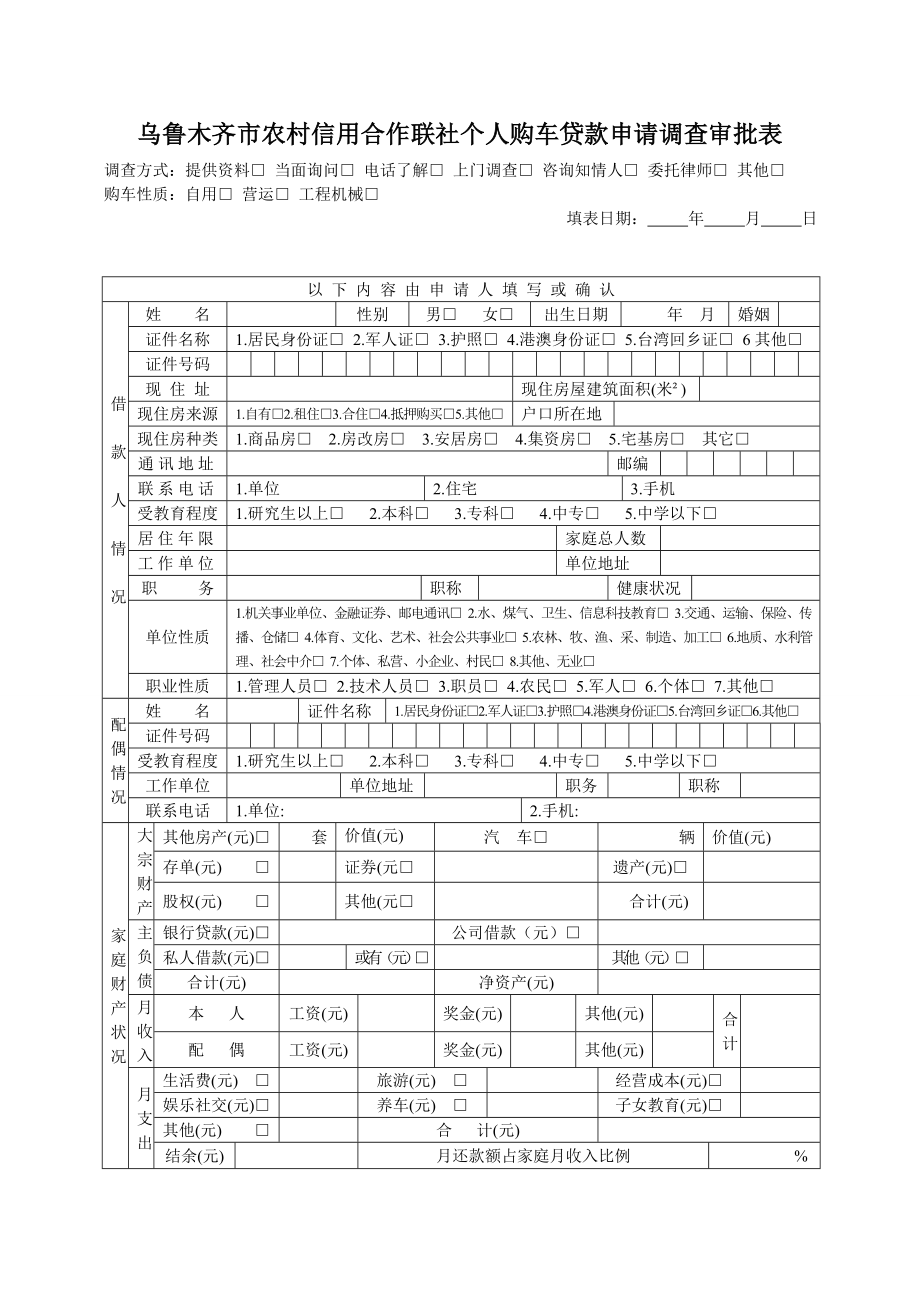 个人购车贷款申请调查表1.doc_第1页