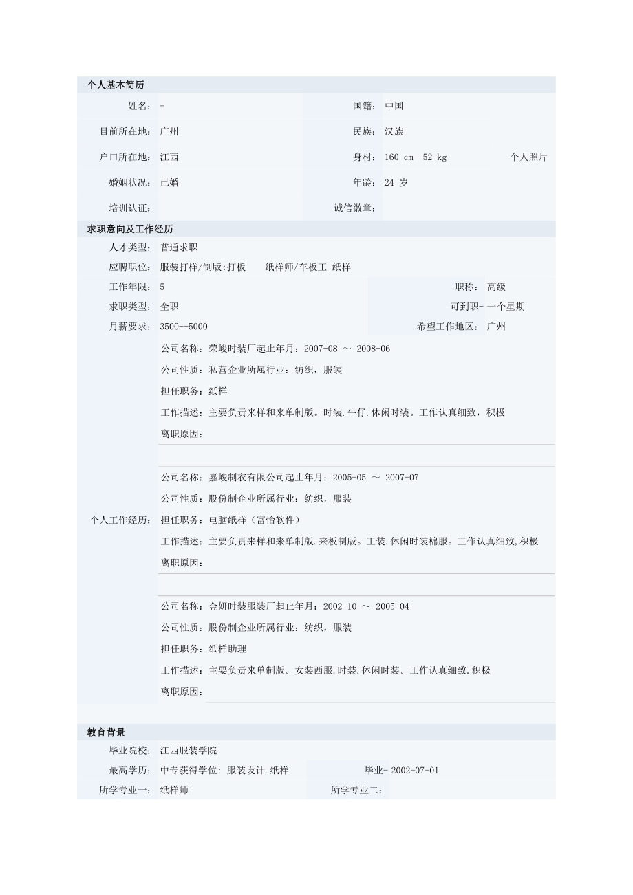 纸样师类专业个人简历表格.doc_第1页