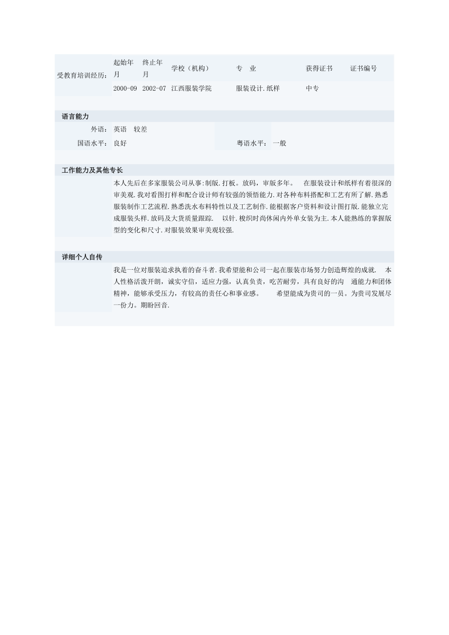 纸样师类专业个人简历表格.doc_第2页