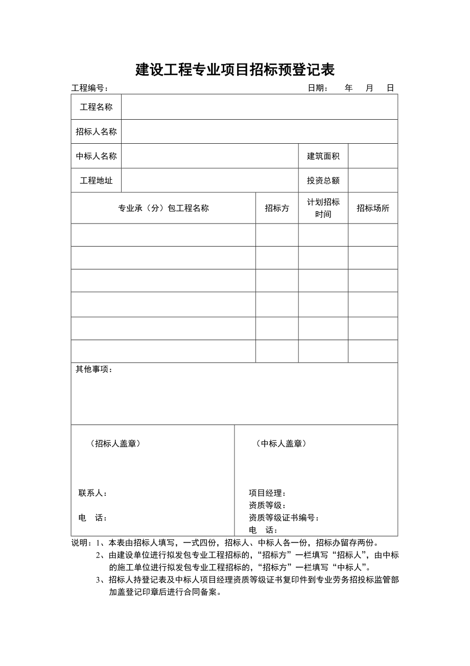 建设工程专业项目招标预登记表.doc_第1页