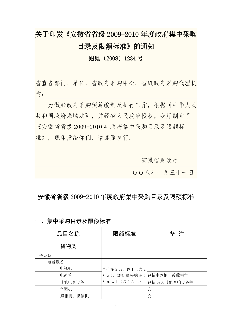 关于印发安徽省省级政府集中采购目录及....doc_第1页