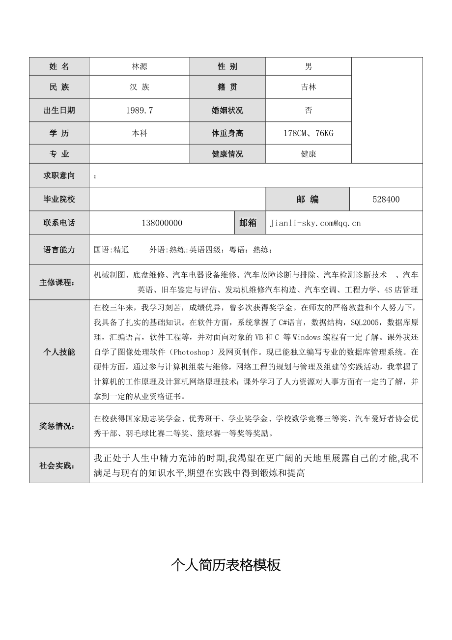 个人简历表格模板闫世陶.doc_第1页