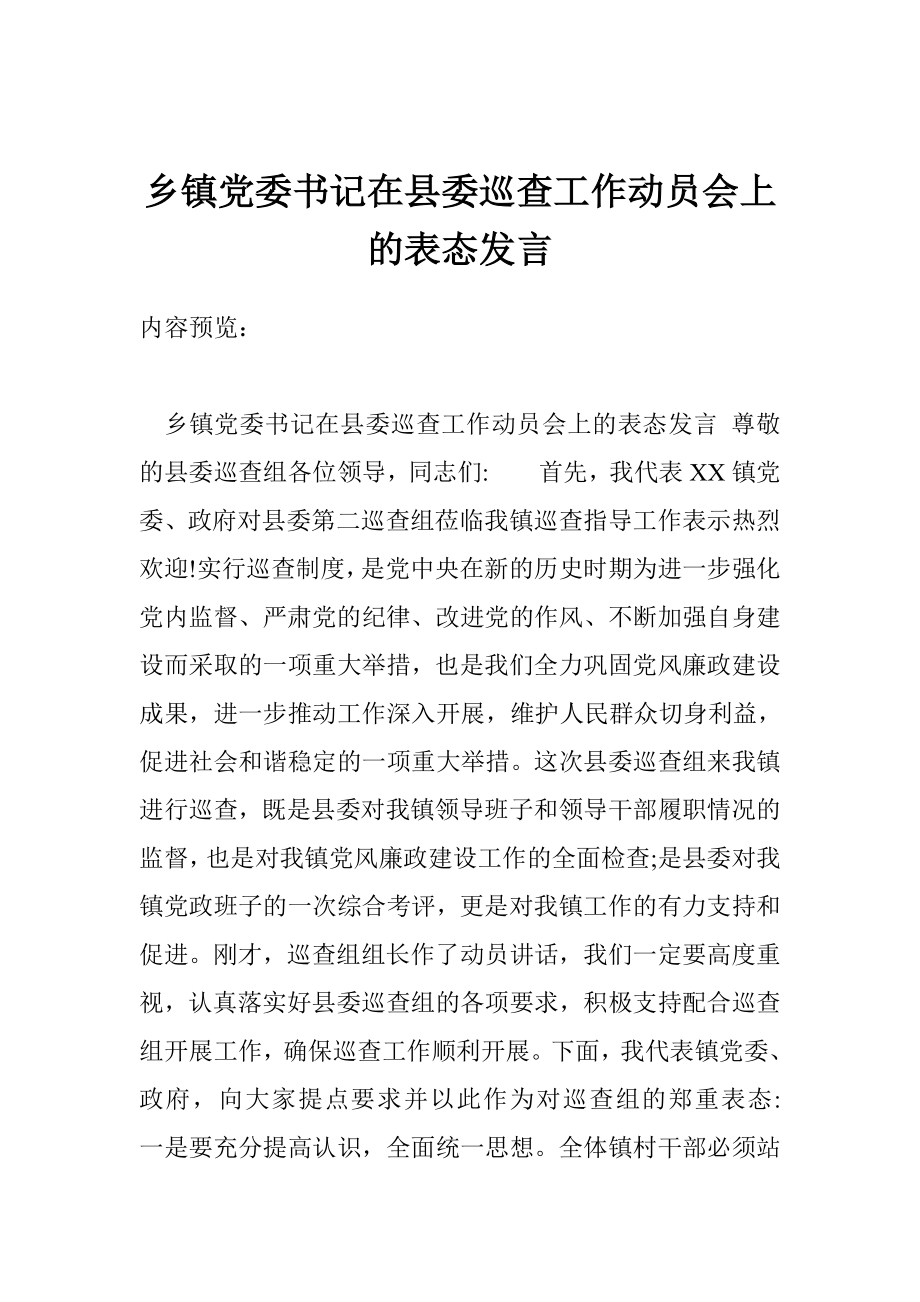 乡镇党委书记在县委巡查工作动员会上的表态发言.doc_第1页