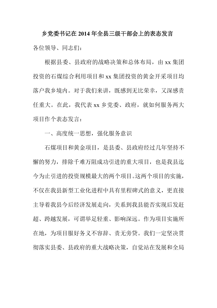 乡党委书记在全县三级干部会上的表态发言.doc_第1页