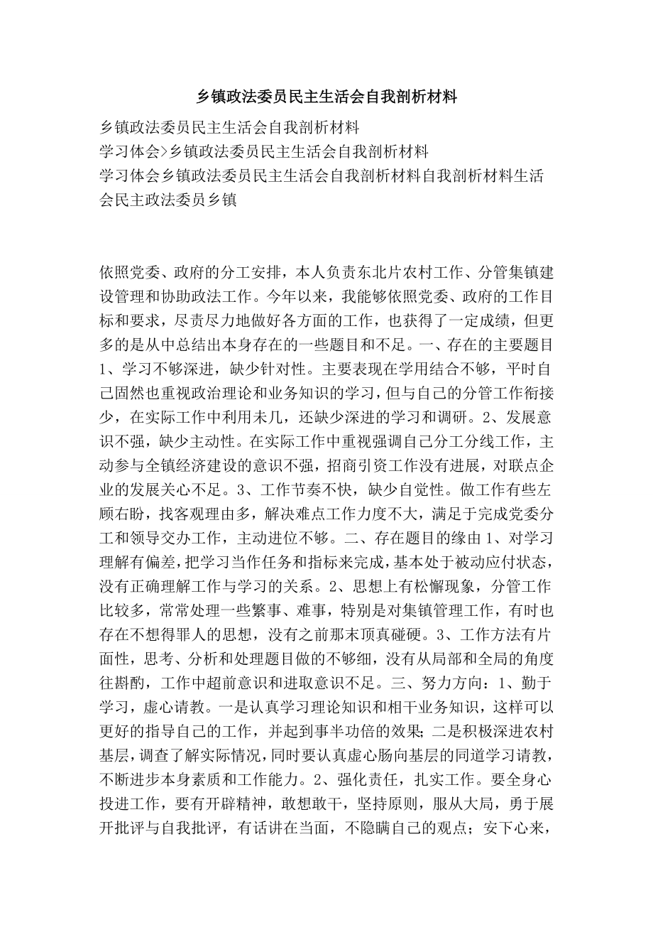 乡镇政法委员民主生活会自我剖析材料.doc_第1页