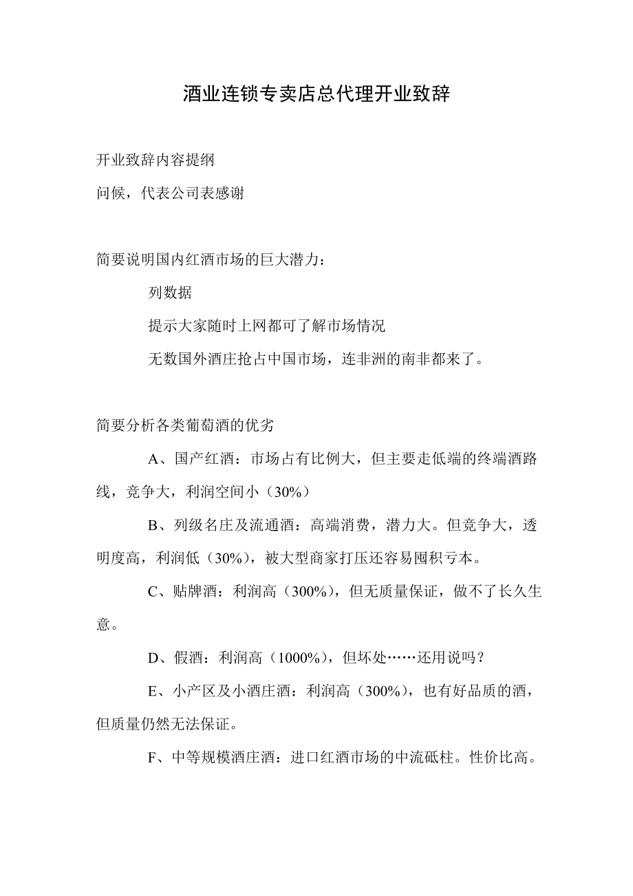 酒业连锁专卖店总代理开业致辞.doc_第1页