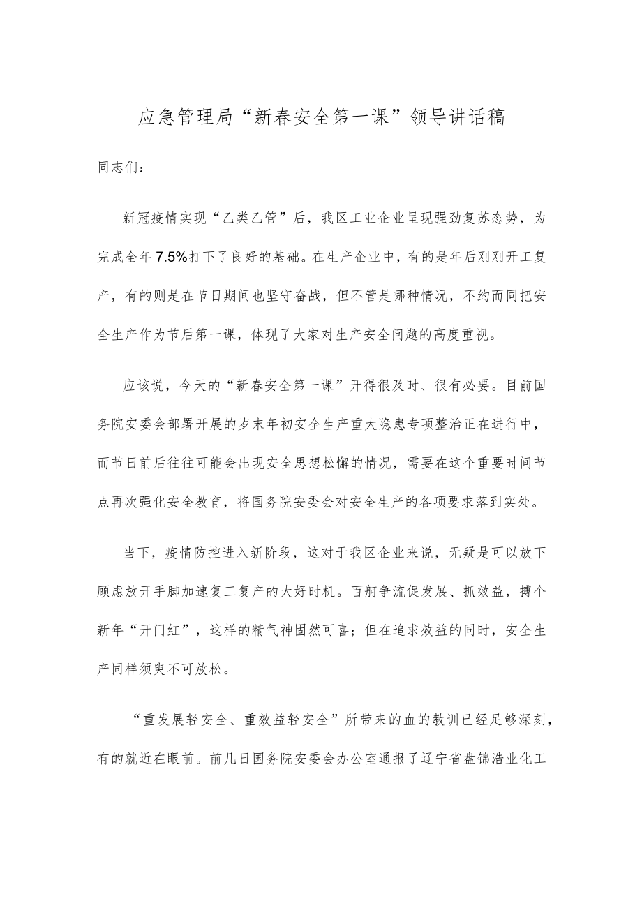 应急管理局“新春安全第一课”领导讲话稿.docx_第1页