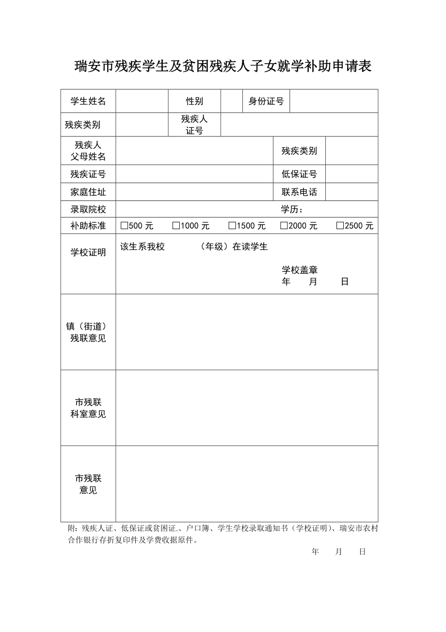 371瑞安市残疾学生及贫困残疾人子女就学补助申请表.doc_第1页