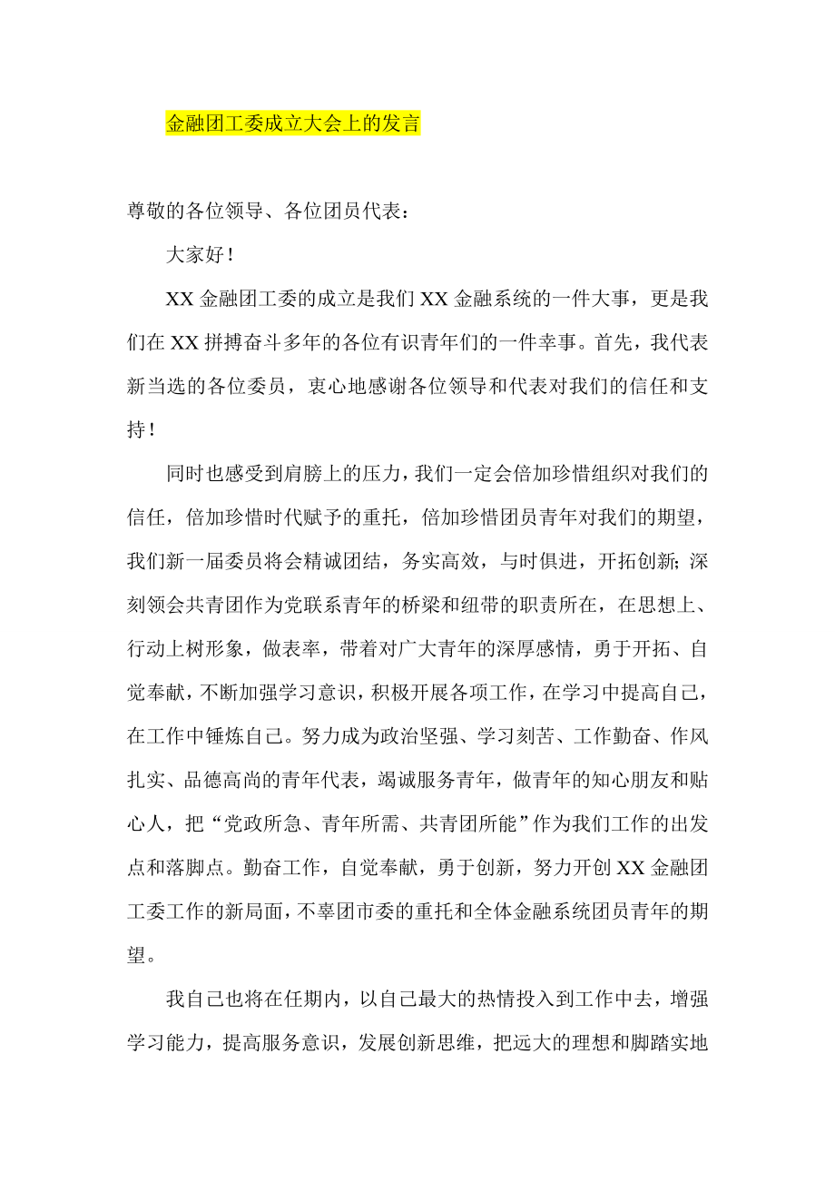 金融团工委成立大会上的发言.doc_第1页