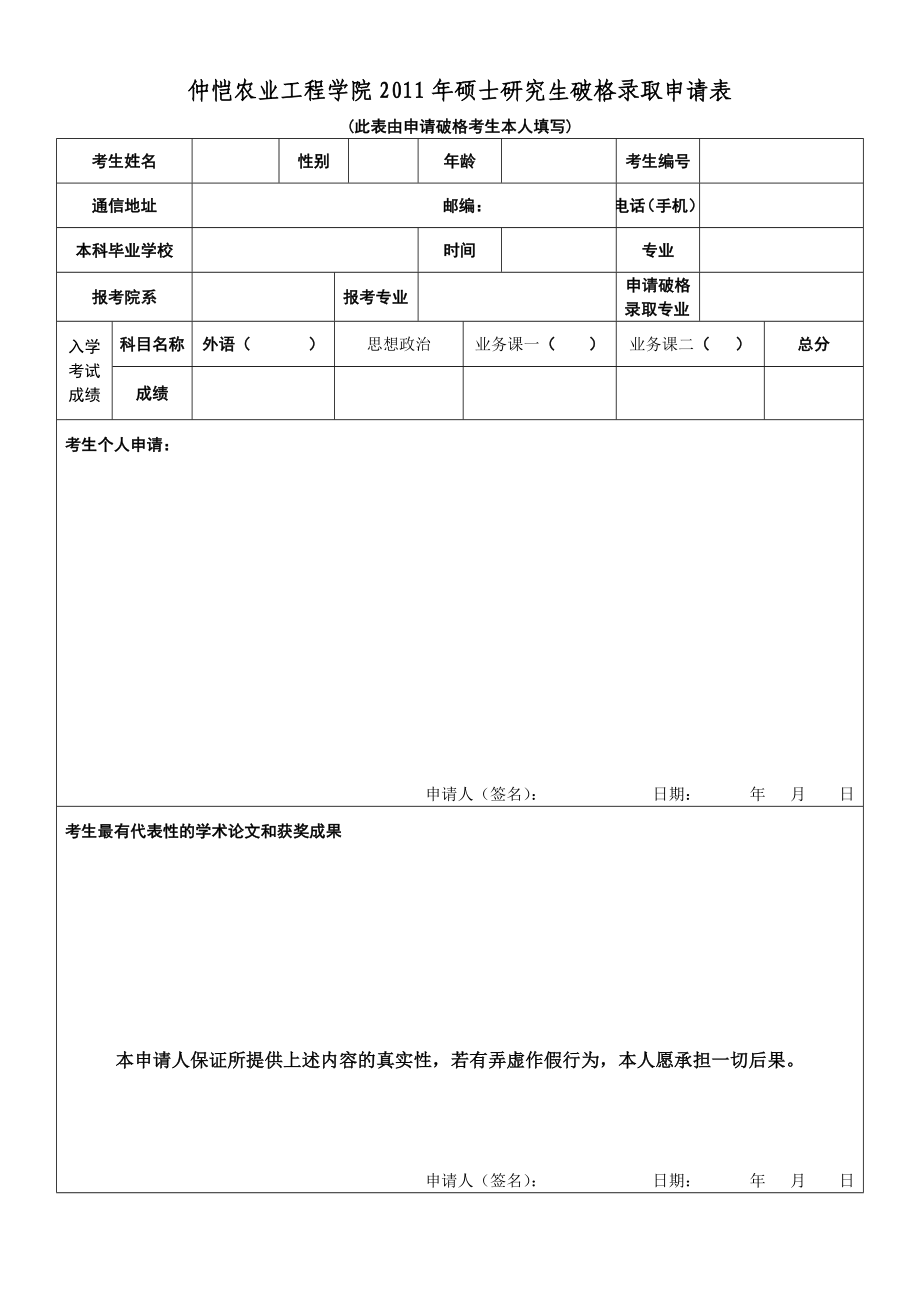 【精品】仲恺农业工程学院硕士研究生破格录取申请表.doc_第1页