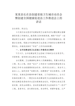 某某县长在县创建省级卫生城市动员会暨创建全国健康促进县工作推进会上的讲话.docx