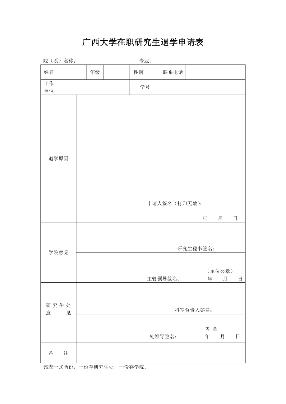 【精品】广西大学在职研究生退学申请表.doc_第1页