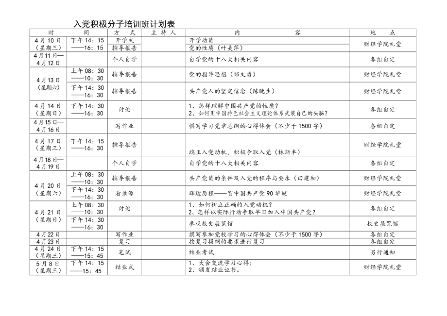 入党积极分子培训班计划表.doc_第1页