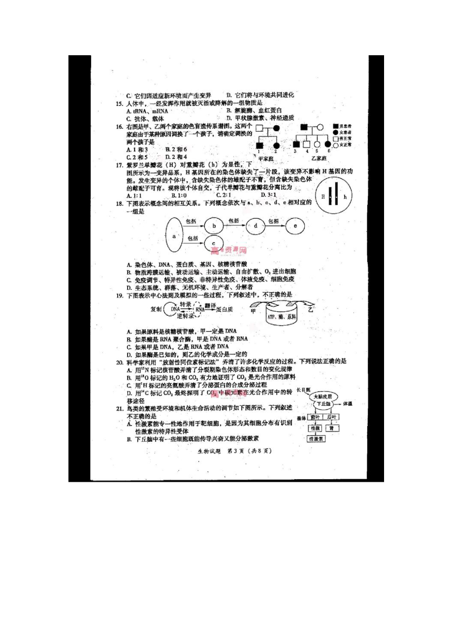 福建漳州市普通高中毕业班质量检查生物试题及答案.doc_第3页