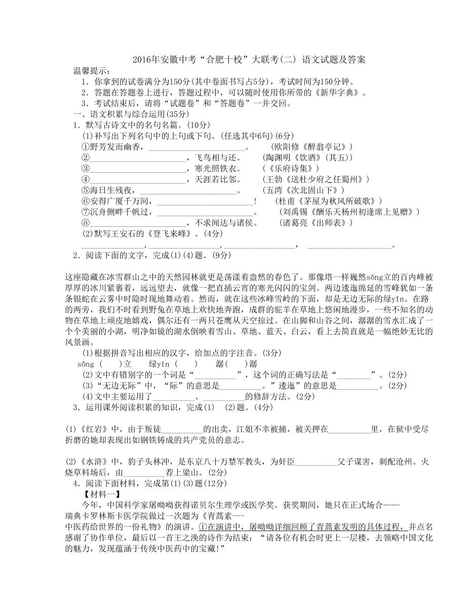 安徽中考“合肥十校”大联考（二）语文试题及答案.doc_第1页