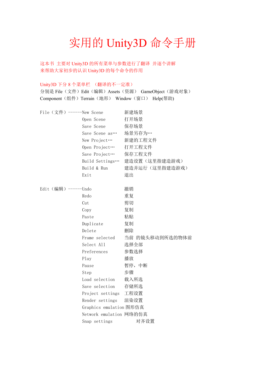 实用的UNITY3D命令手册.doc_第1页