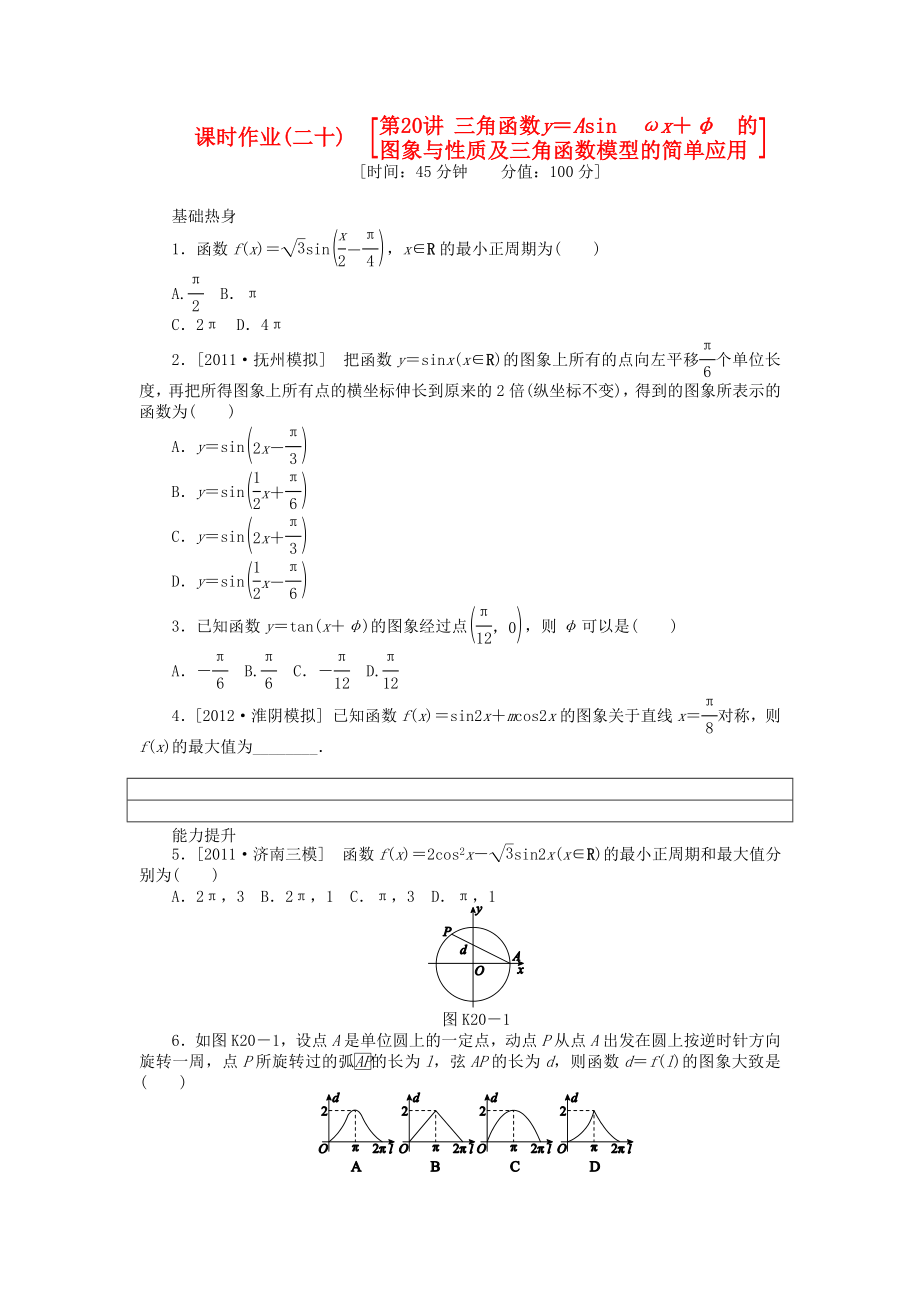 高三数学一轮复习课时作业20 三角函数y＝Asinωx＋φ 的图象与性质及三角函数模型的简单应用 新人教A版 文.doc_第1页