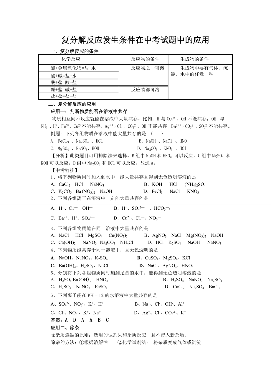 沪教版化学复分解反应发生条件在在中考试题中的应用.doc_第1页