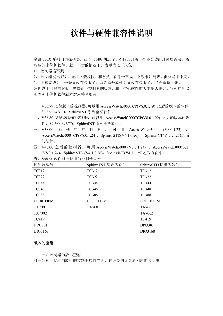 金凯门禁控制器软件与硬件兼容性说明.doc_第1页