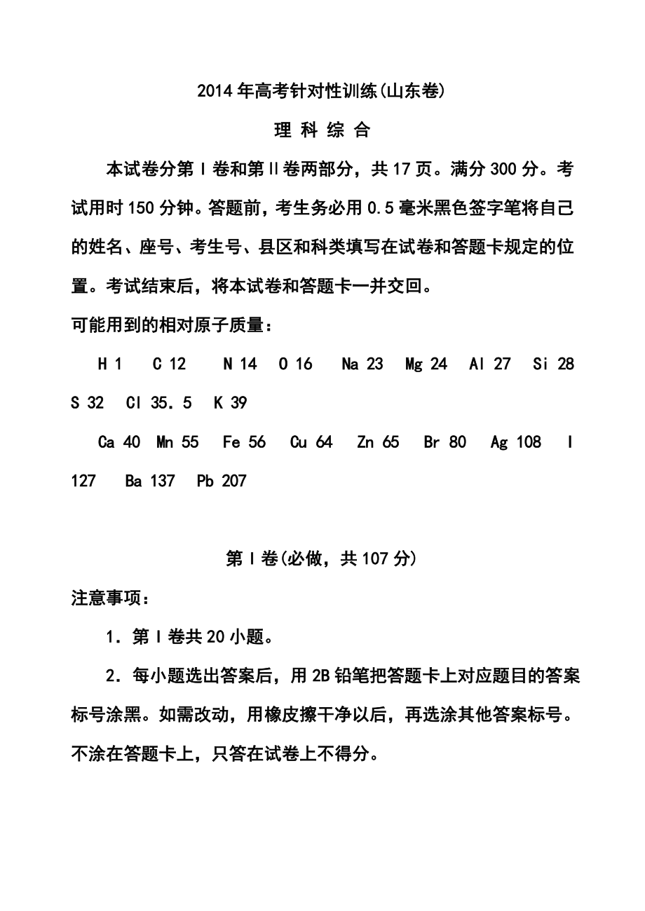 山东省济南市高三5月针对性训练物理试题及答案.doc_第1页