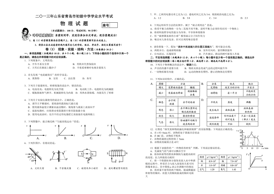 青岛市中考物理试题(word版加答案).doc_第1页