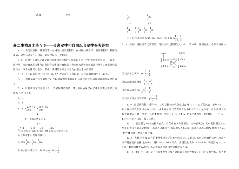 分离定律和自由组合定律精选练习题.doc_第3页