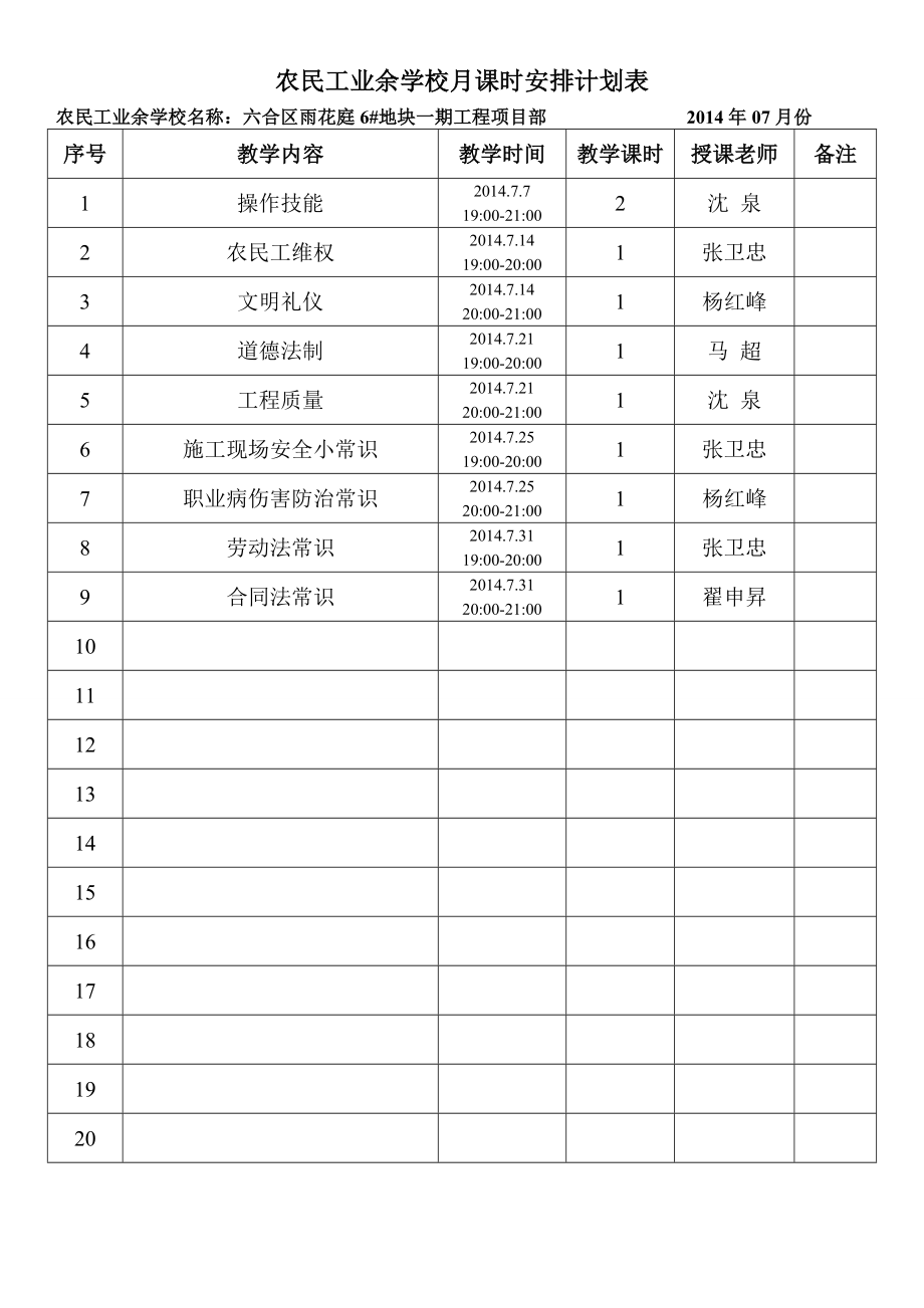 农民工业余学校月课时安排计划表.doc_第2页