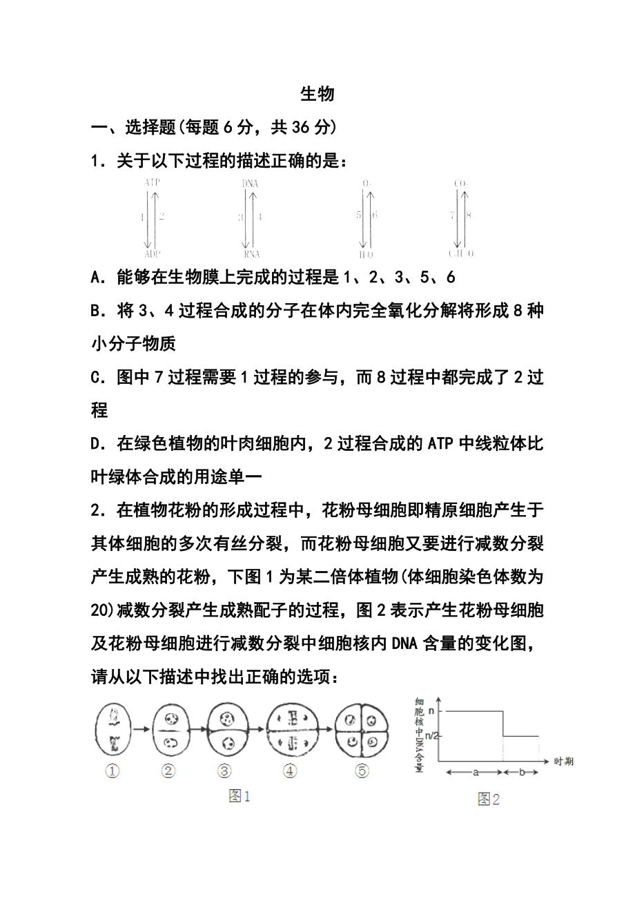 天津市天津市第一中学高三四月考生物试题及答案.doc_第1页