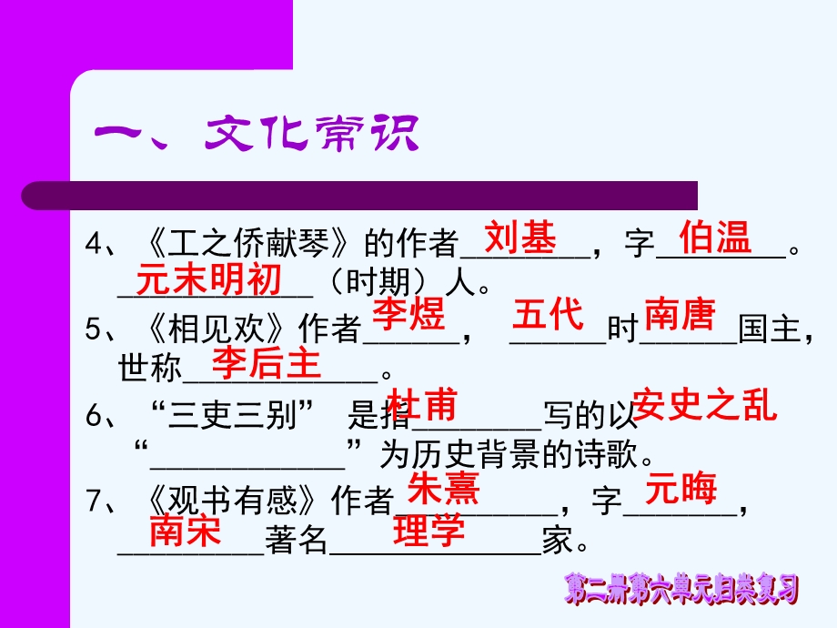 第二册第六单元归类复习一、文化常识二、字词句整理三、思想内容四、背诵默写课件.ppt_第3页