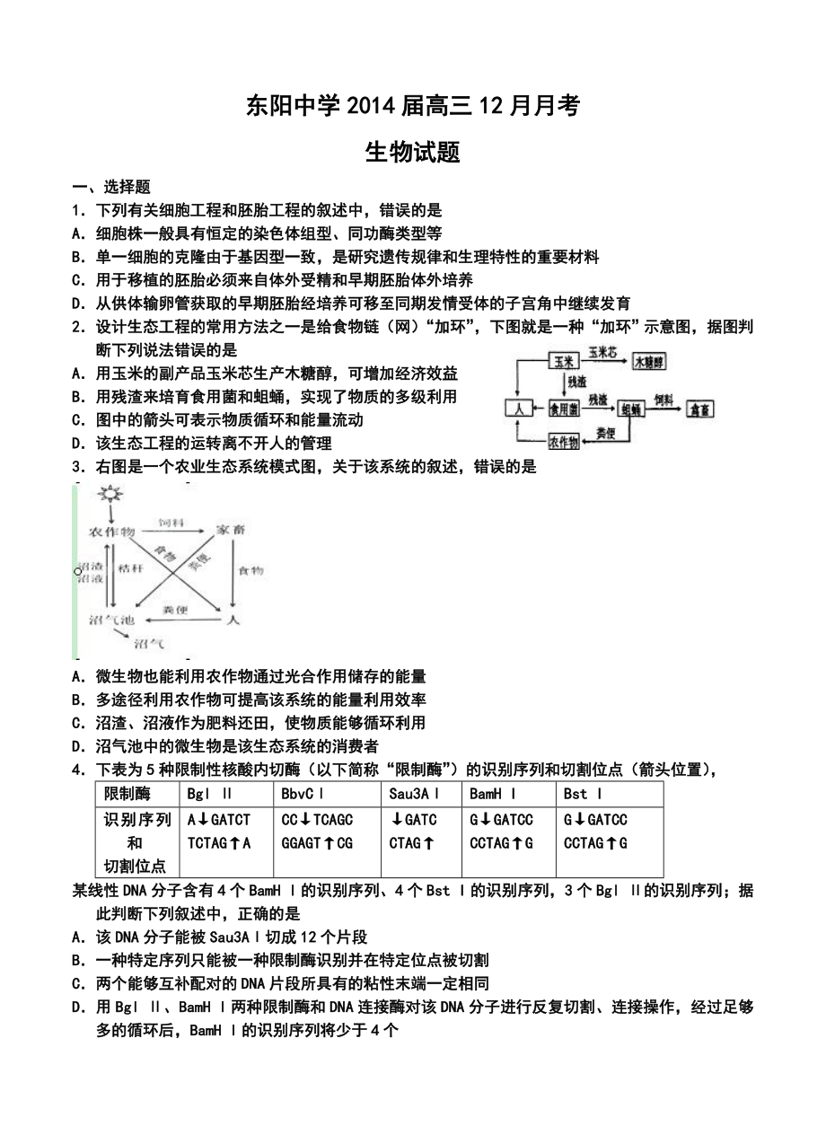 浙江省东阳中学高三12月月考生物试题及答案.doc_第1页