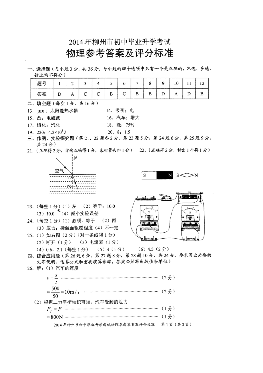 柳州市物理中考试卷答案(柳州市初中毕业升学考试物理参考答案及评分标准).doc_第1页