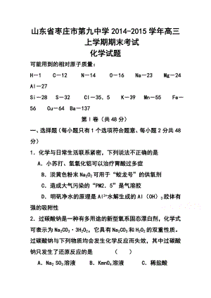 山东省枣庄市第九中学高三上学期期末考试化学试题及答案.doc