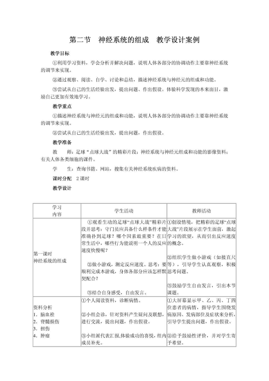 神经系统的组成教学设计免费下载.doc_第1页