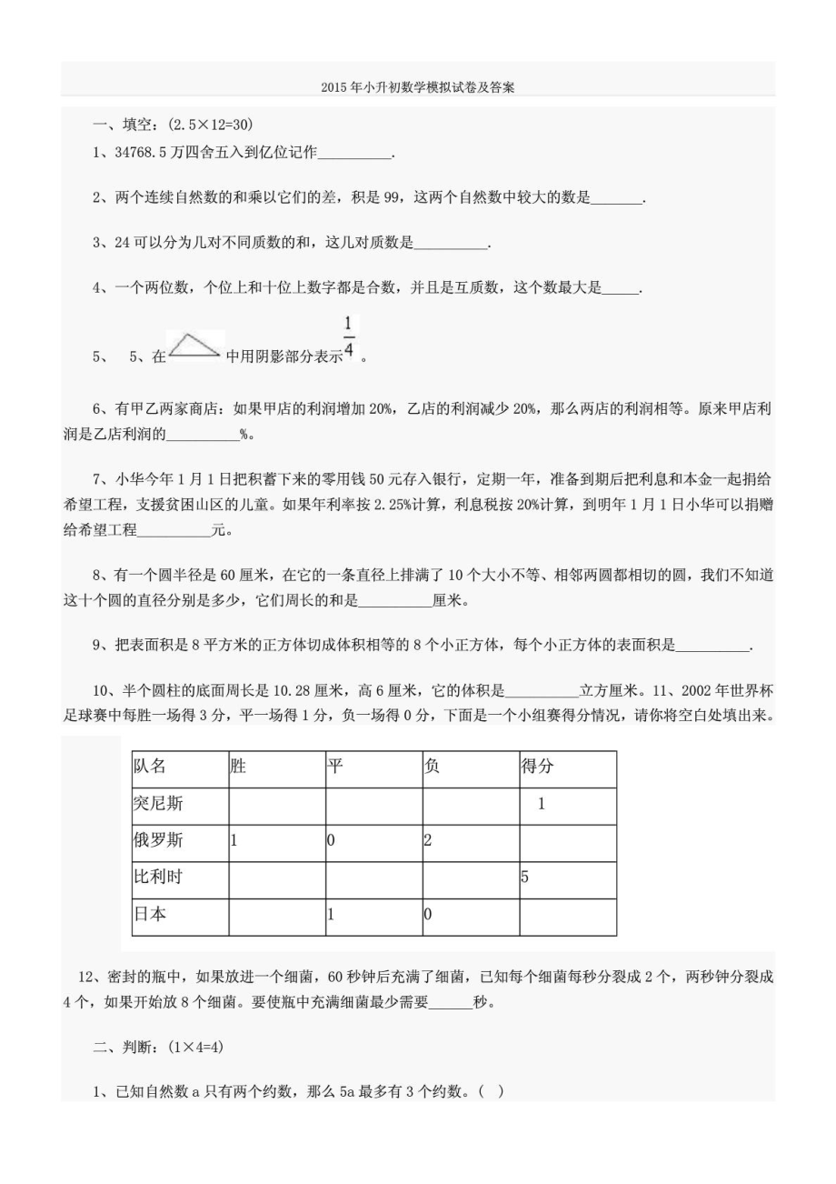 小升初数学模拟试卷及答案.doc_第1页