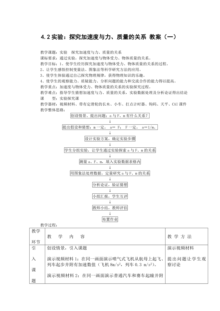 物理：4.2《实验：探究加速度与力、质量的关系》教案（1）（新人教版必修1）.doc_第1页