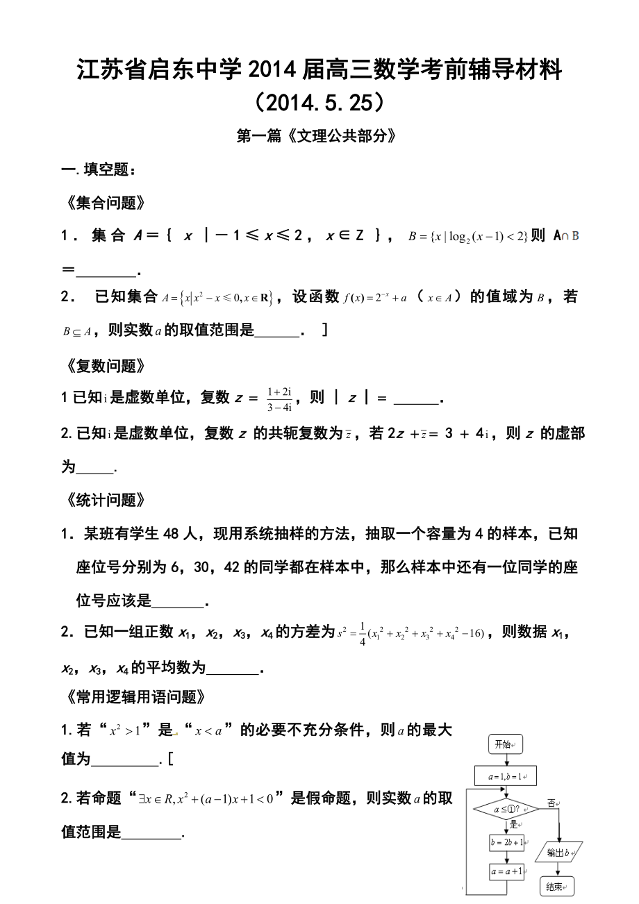 江苏省启东中学高三考前指导数学试题及答案.doc_第1页