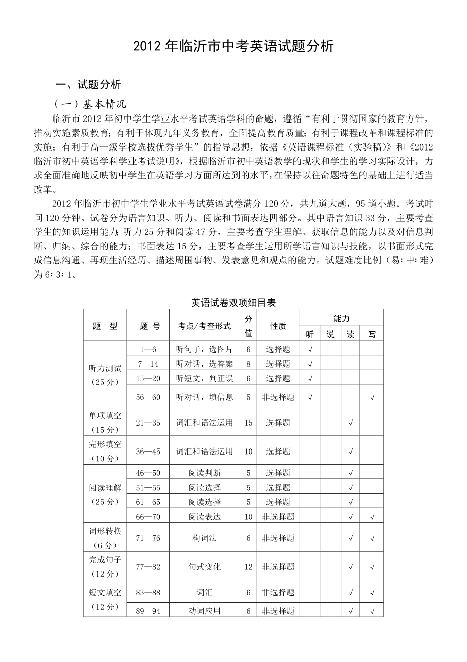 临沂市中考英语试题分析.doc_第1页