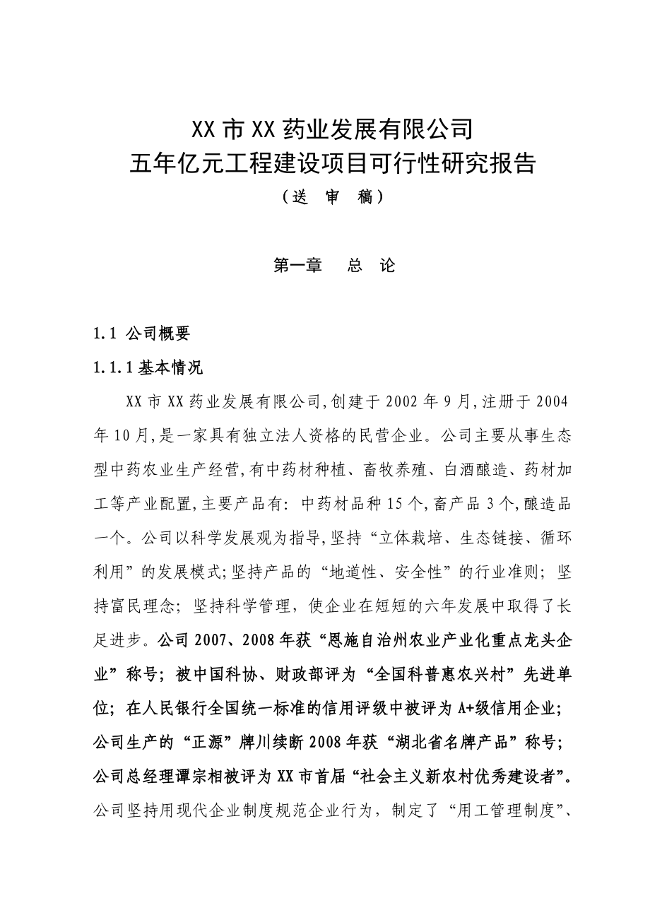 XX药业发展有限公司五亿元工程建设项目可行性研究报告.doc_第1页