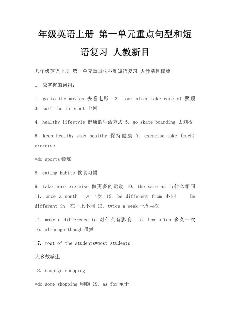 年级英语上册 第一单元重点句型和短语复习 人教新目.docx_第1页