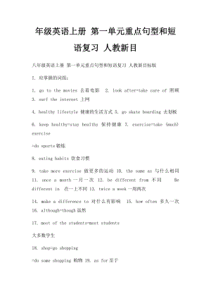 年级英语上册 第一单元重点句型和短语复习 人教新目.docx