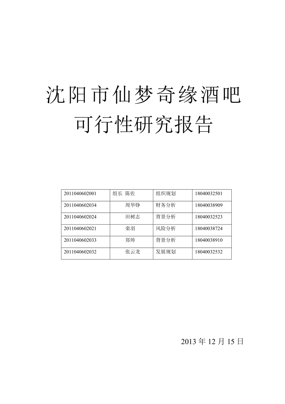 仙梦奇缘酒吧项目可行性研究报告.doc_第1页