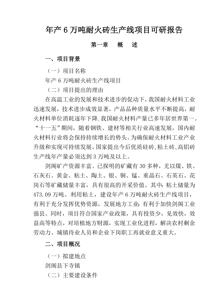 产6万吨耐火砖生产线建设项目可研报告.doc_第1页