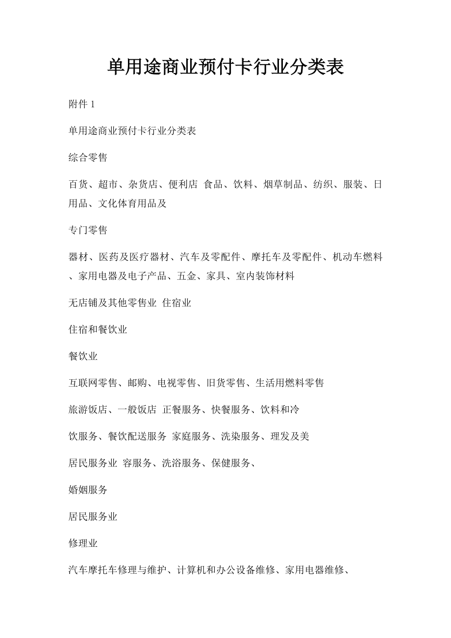 单用途商业预付卡行业分类表.docx_第1页