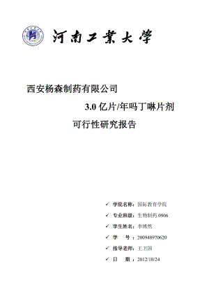 西安杨森制药有限公司3.0亿片吗丁啉片剂可行性报告42135.doc